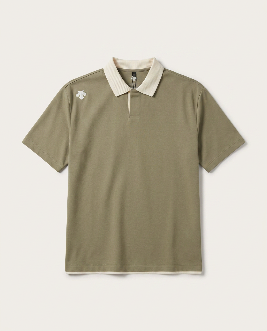 Descente - Olive Green Polo Shirt with Ribbed Collar