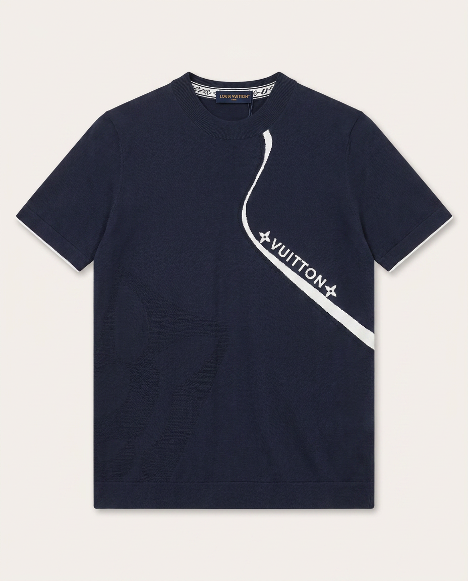 Louis Vuitton - Navy Knit T-Shirt with White Monogram Stripe