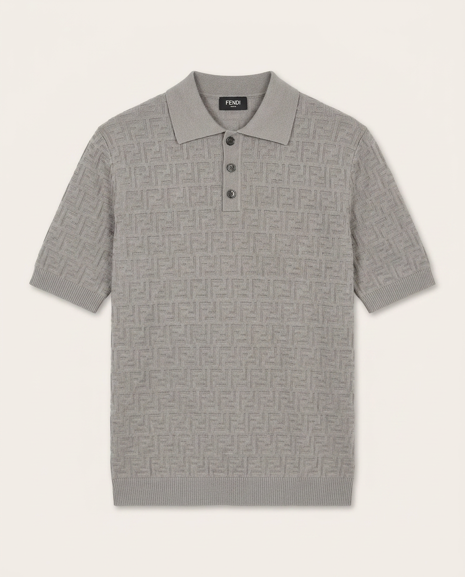 Fendi - Grey FF Monogram Knit Polo Shirt