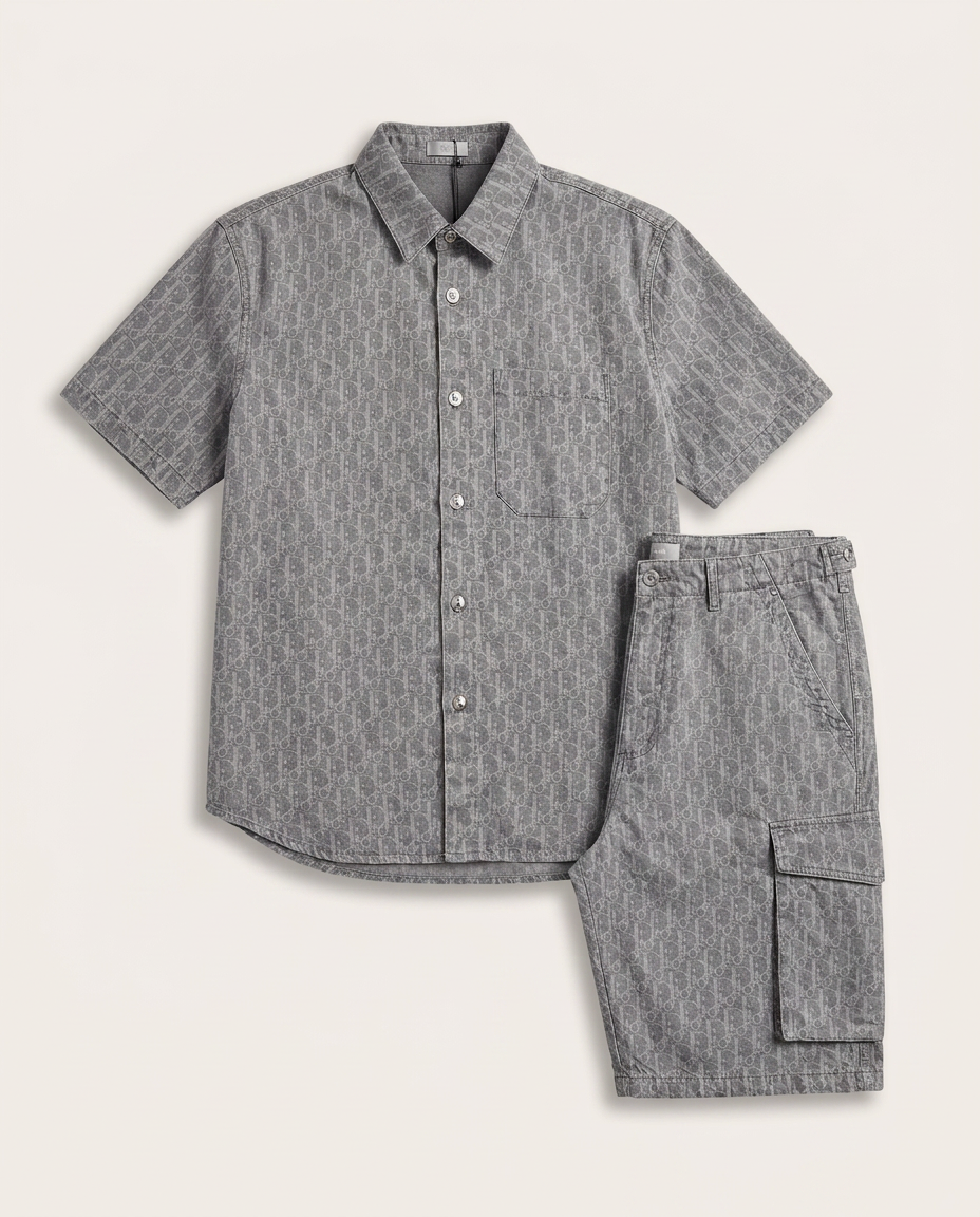 Dior - Grey Oblique Print Short Sleeve Shirt & Cargo Shorts Set