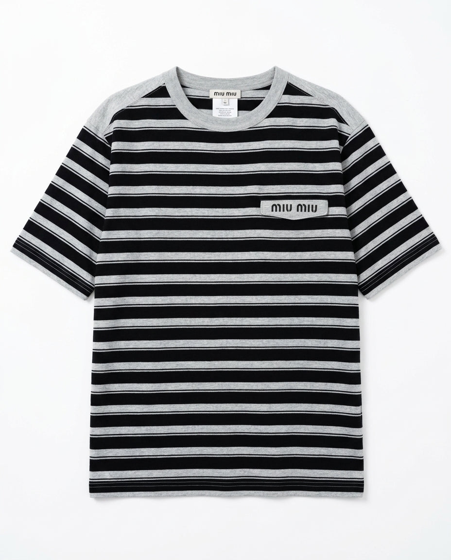 Miu Miu - Black and Gray Striped T-Shirt