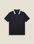 Loro Piana - Cotton Piqué Polo Shirt with Multi-Stripe Collar in Navy Blue