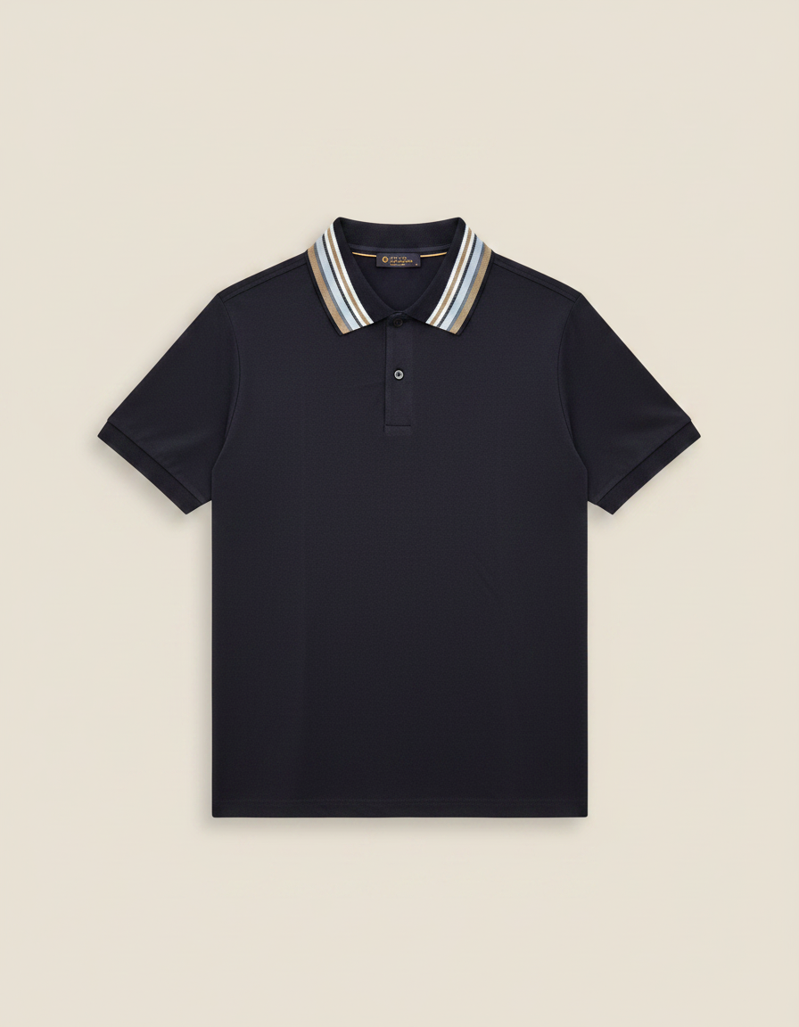 Loro Piana - Cotton Piqué Polo Shirt with Multi-Stripe Collar in Navy Blue