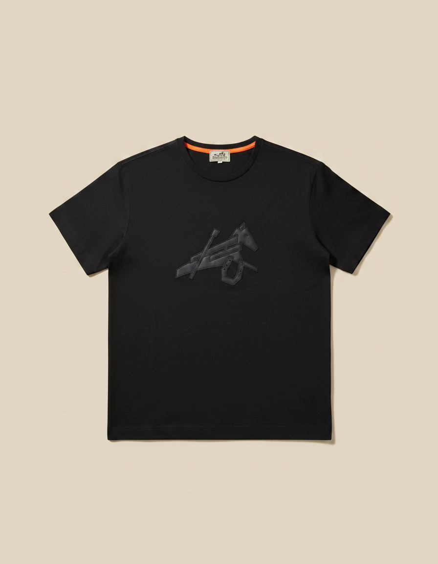 Hermès - Embroidered Leather Equestrian Motif T-Shirt in Black Cotton
