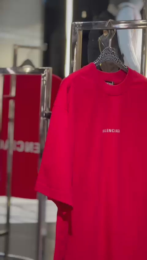 Balenciaga - Medium Fit Logo T-Shirt in Crimson Red with Distressed Edges