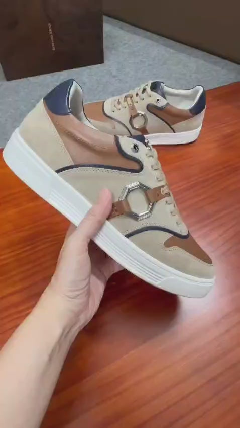 Stefano Ricci  - Luxury Low-Top Sneakers in Suede and Calfskin with Signature Octagon Buckle
