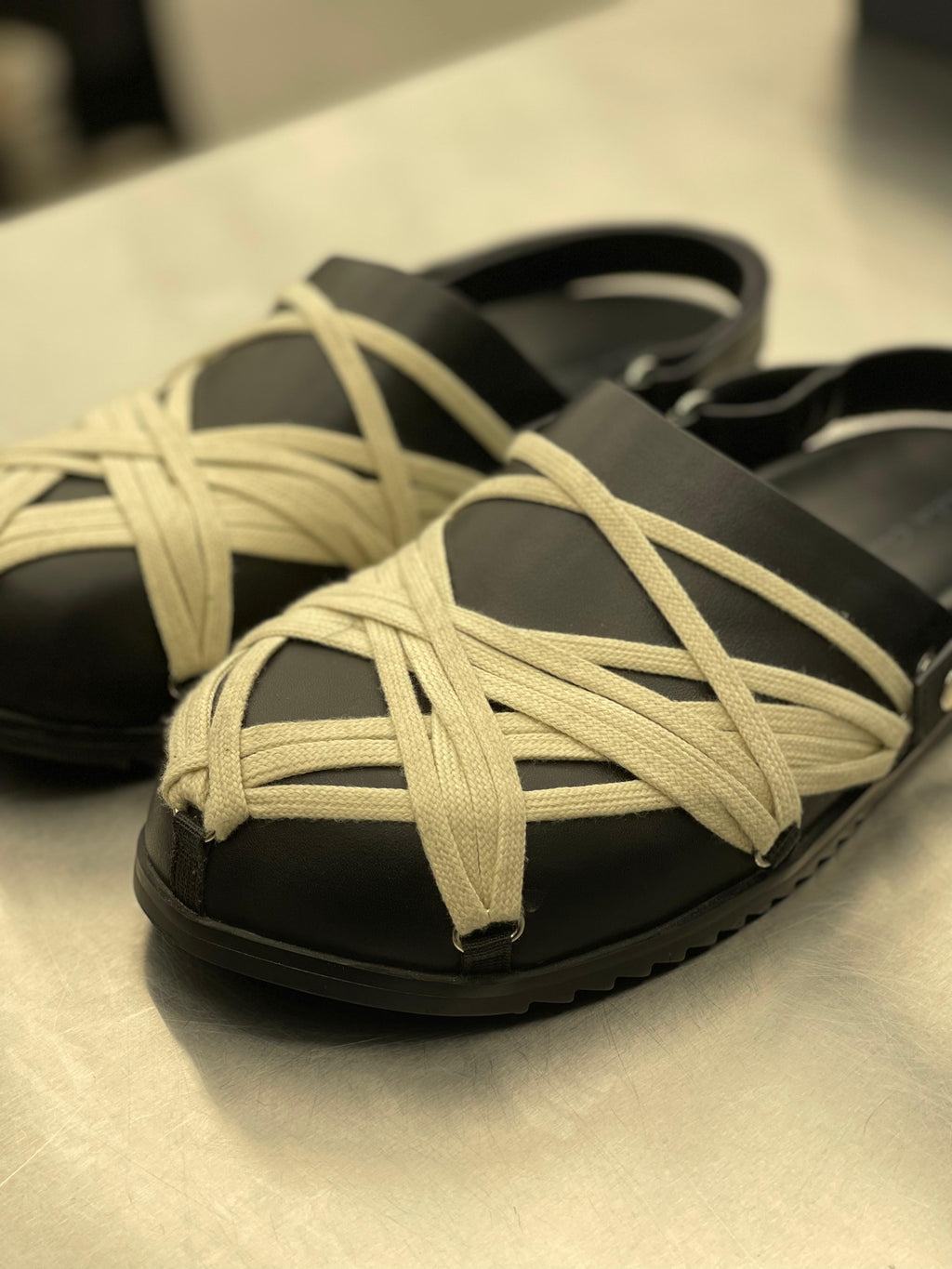 Rick Owens - Black Leather & Cream Rope Laced Sandals
