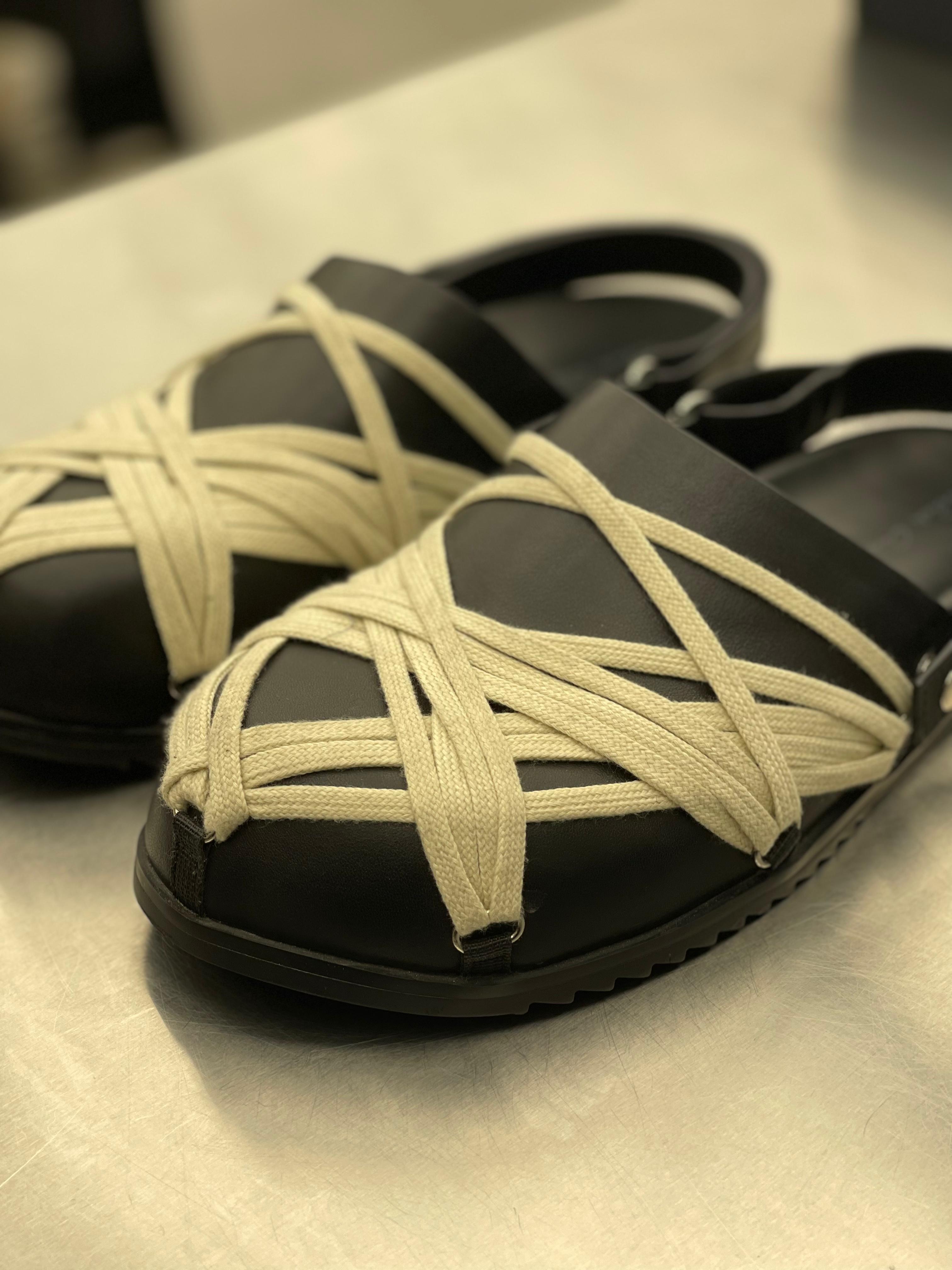 Rick Owens - Black Leather & Cream Rope Laced Sandals