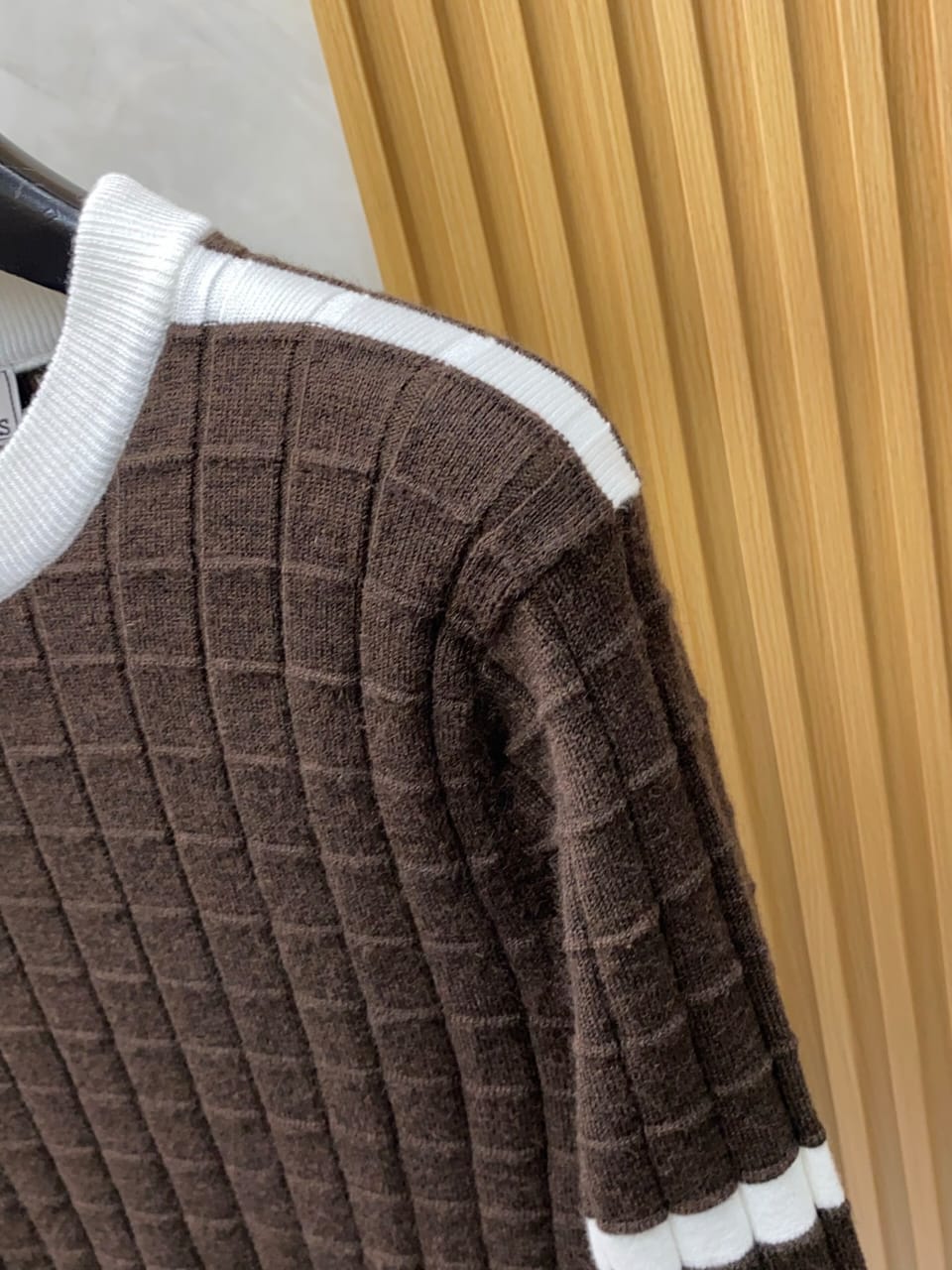 Hermès - Textured Grid Knit Sweater - Brown with White Contrast Stripes