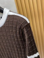 Hermès - Textured Grid Knit Sweater - Brown with White Contrast Stripes