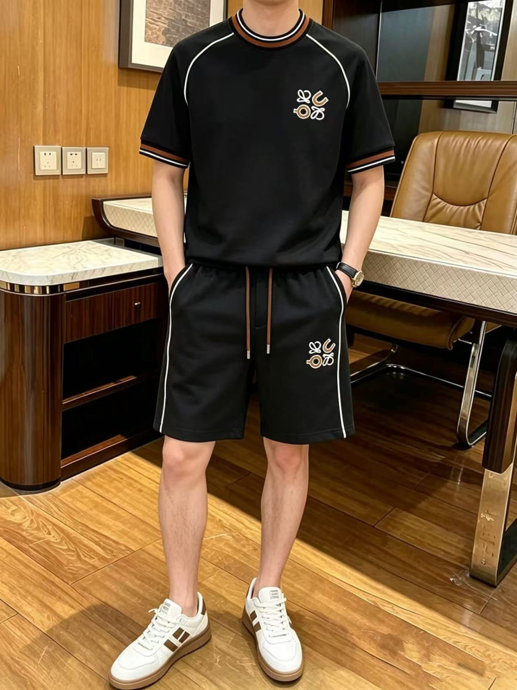 Summer Casual 2-Piece Tracksuit – Short Sleeve Crewneck & Drawstring Shorts Set