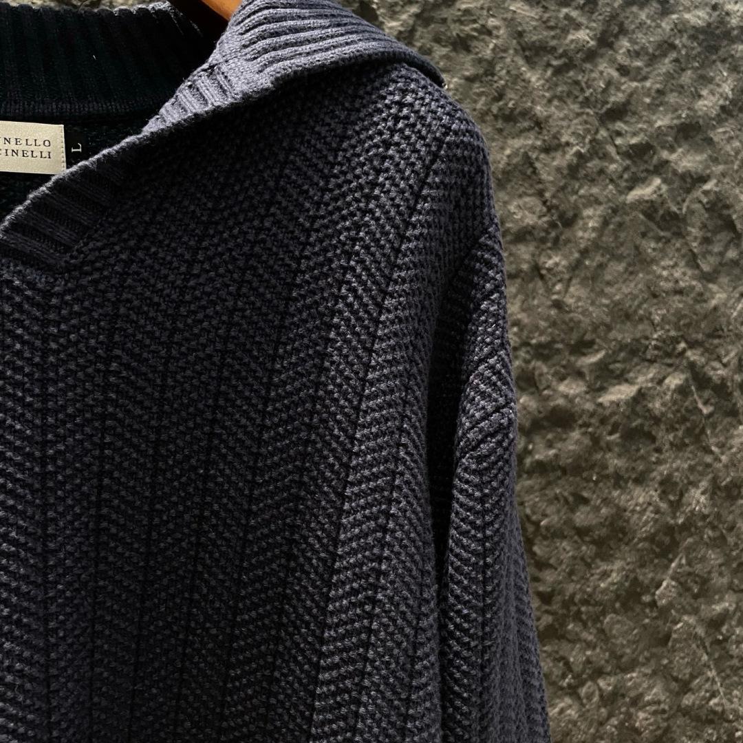 Loro Piana - Navy Blue Ribbed Knit Polo Sweater