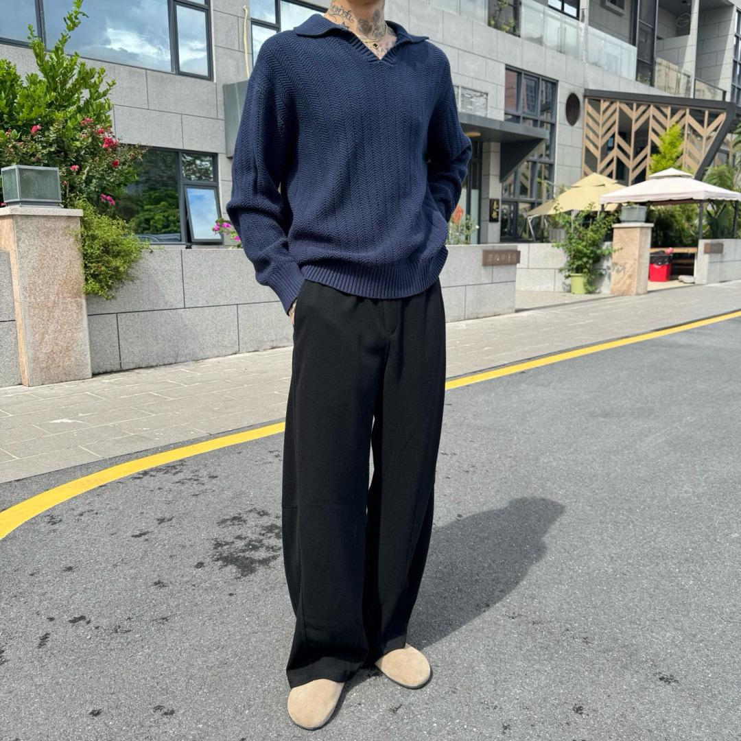 Loro Piana - Navy Blue Ribbed Knit Polo Sweater