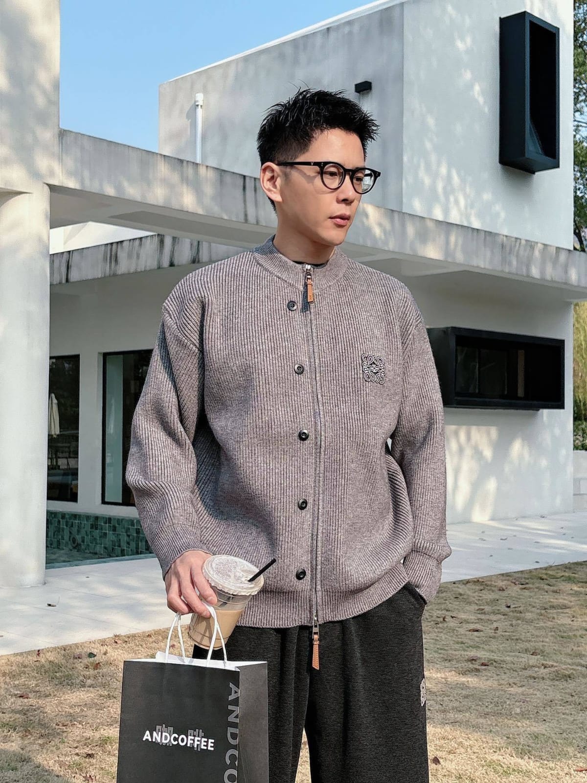 Loewe - Grey Ribbed Knit Zip-Up Cardigan