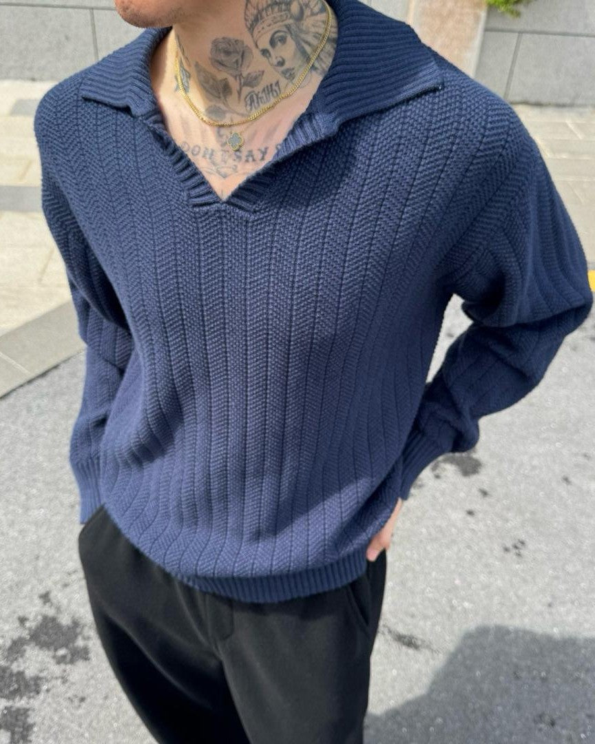Loro Piana - Navy Blue Ribbed Knit Polo Sweater