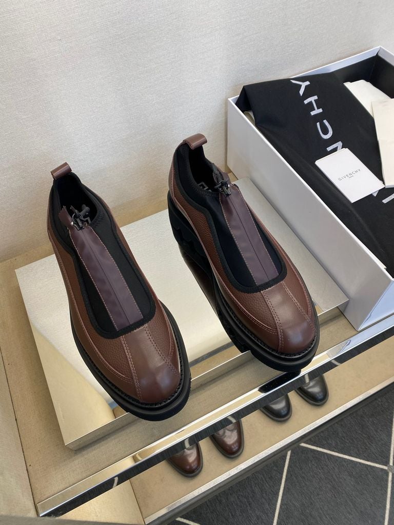 Givenchy - Brown Leather & Neoprene Zip-Front Trainers with Chunky Sole