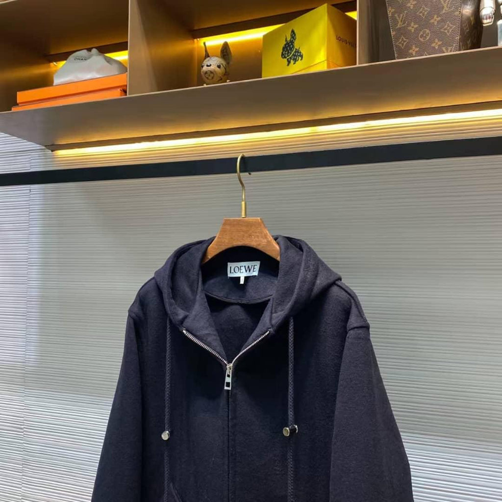 LOEWE Hooded Coat | Black Wool-Blend Anagram Jacquard