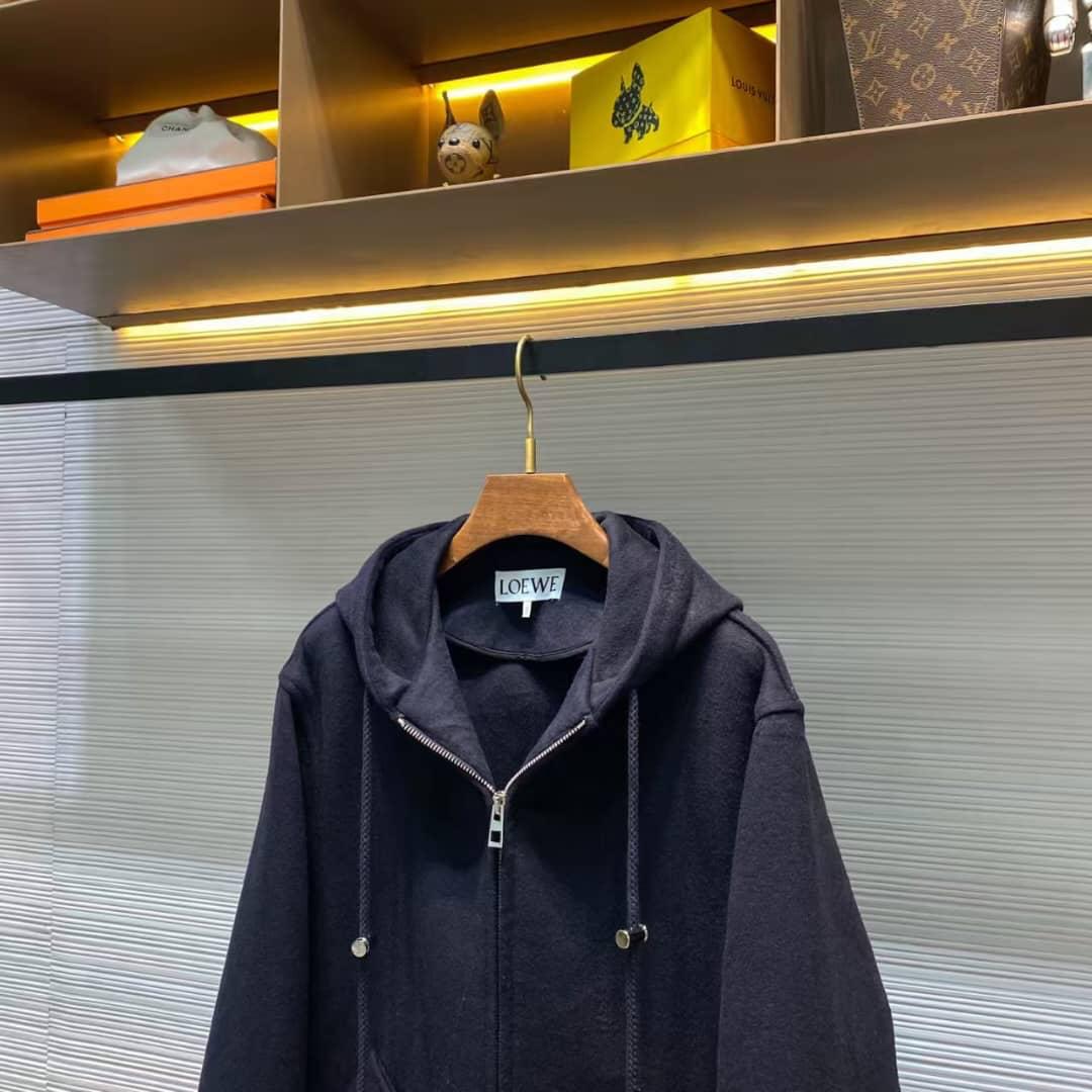 LOEWE Hooded Coat | Black Wool-Blend Anagram Jacquard