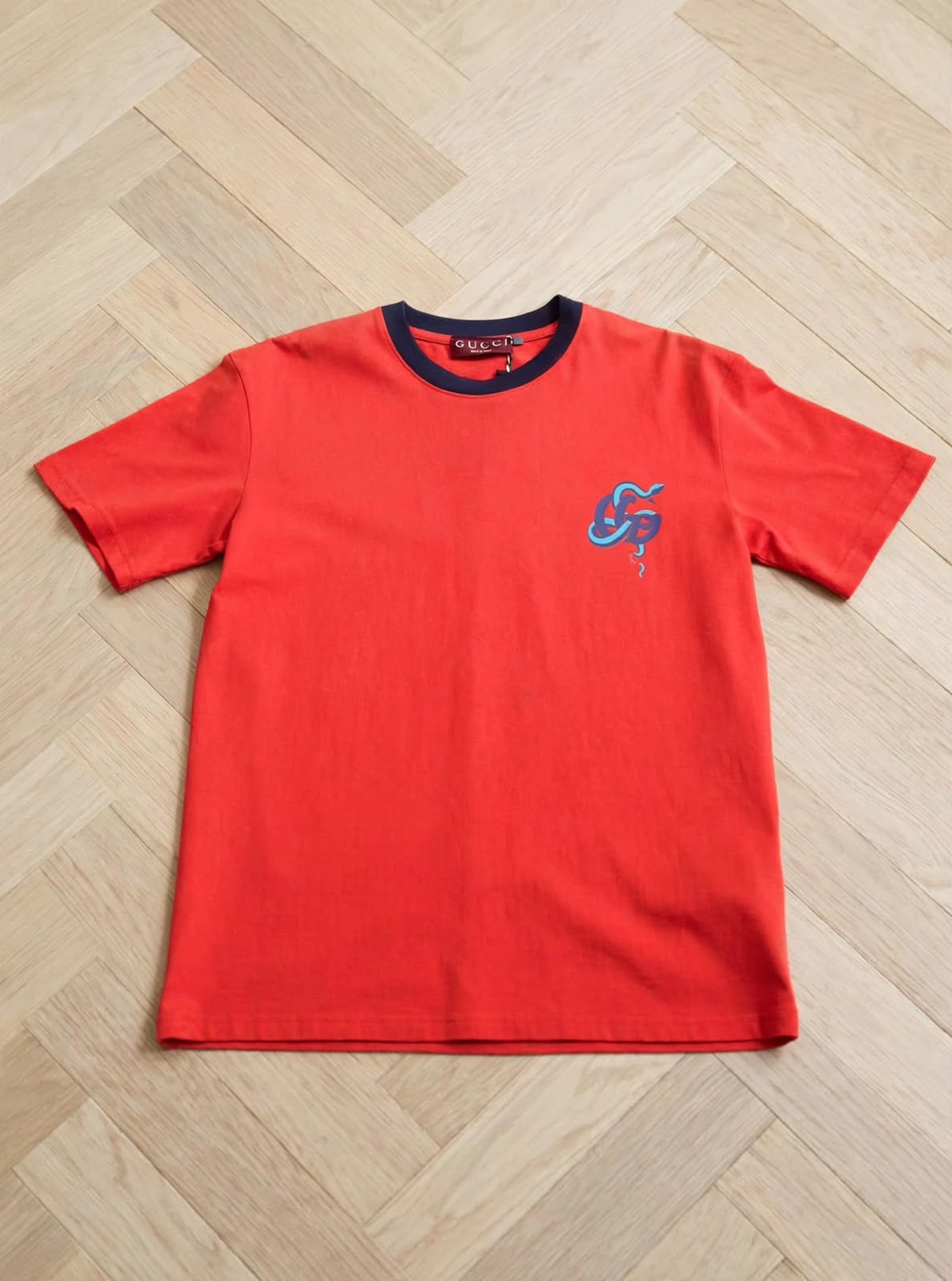 Men's Red Graphic Logo T-Shirt with Contrast Navy Collar