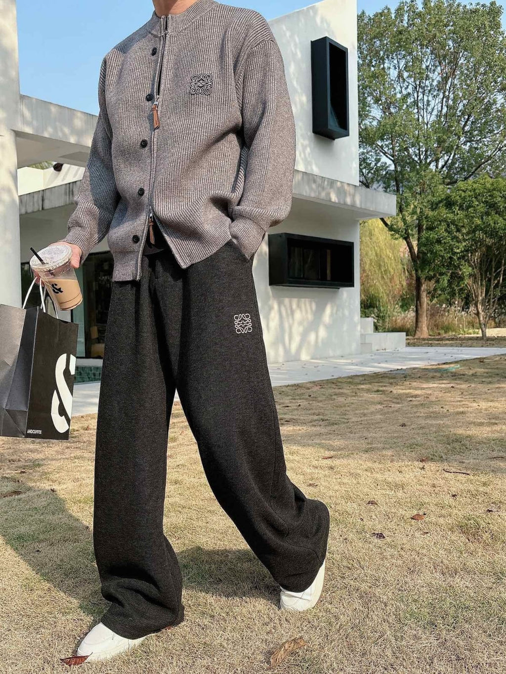 Loewe - Grey Ribbed Knit Zip-Up Cardigan