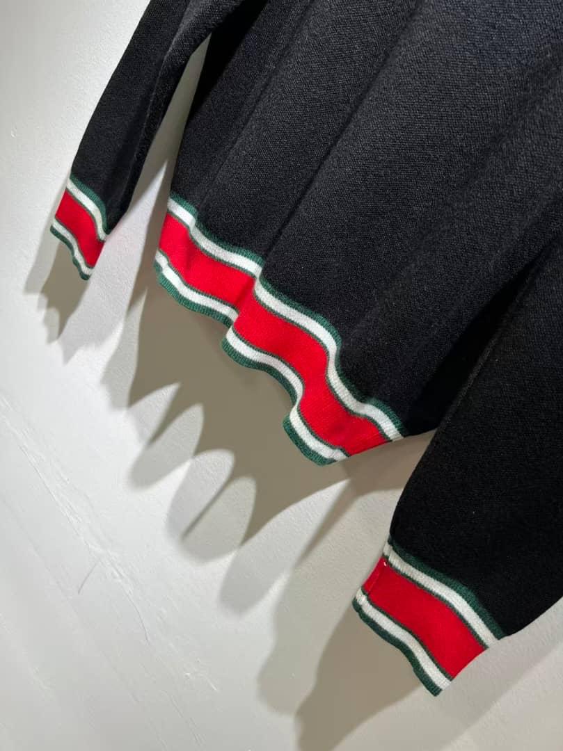 Gucci-Inspired Black Knit Sweater with Green & Red Web Stripes