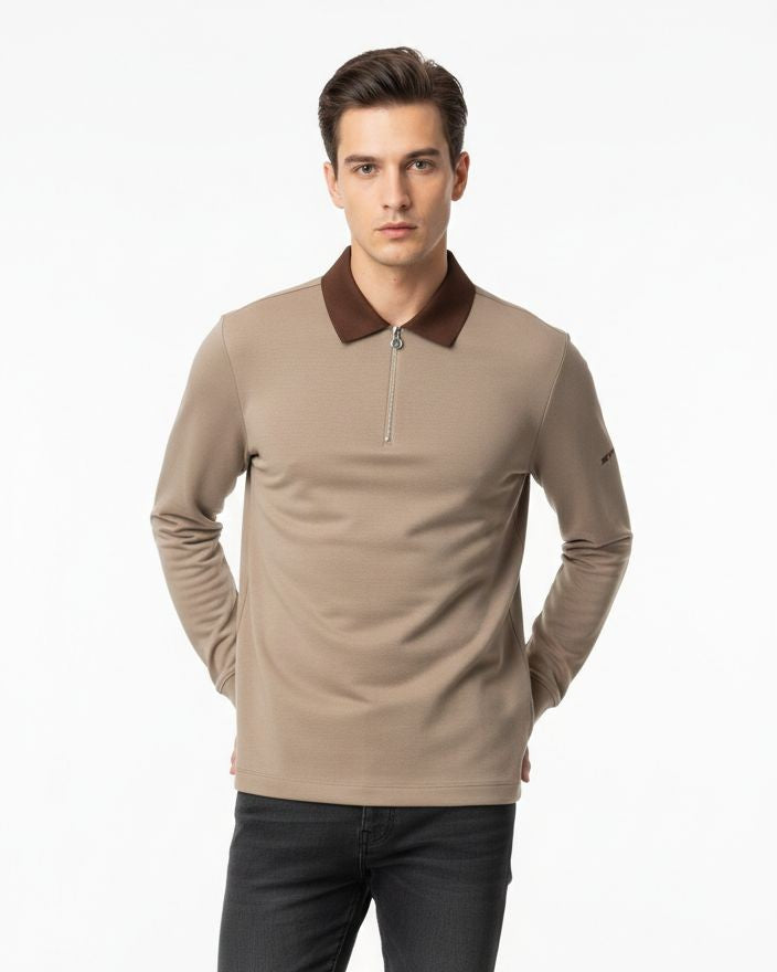 Kiton - Men's Taupe Contrast Collar Quarter-Zip Polo Shirt