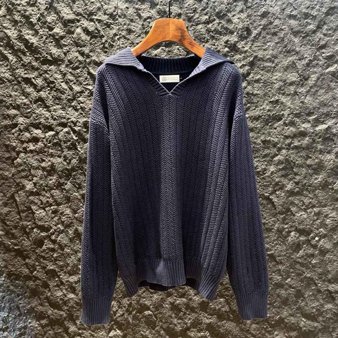 Loro Piana - Navy Blue Ribbed Knit Polo Sweater