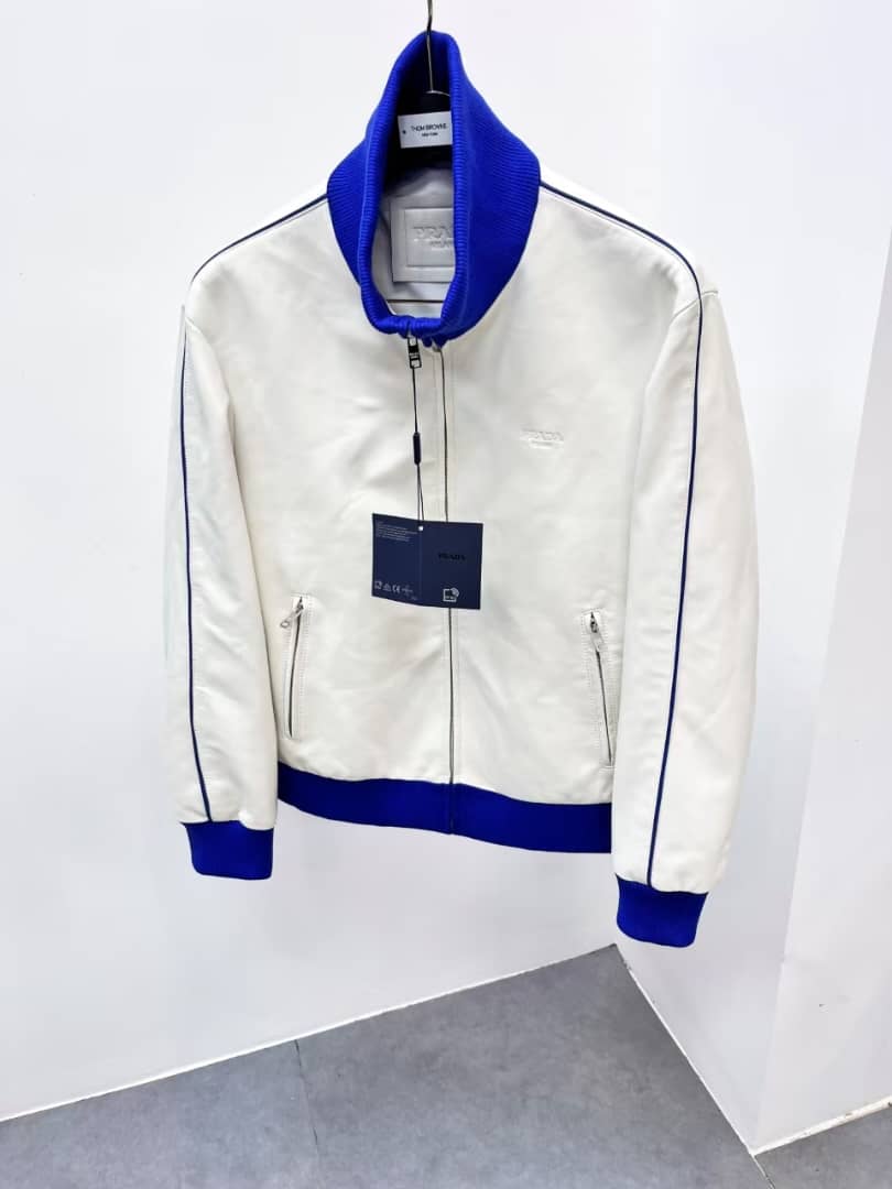 Prada - Men's White Nappa Leather Blouson Jacket with Contrast Blue Ribbed Trim