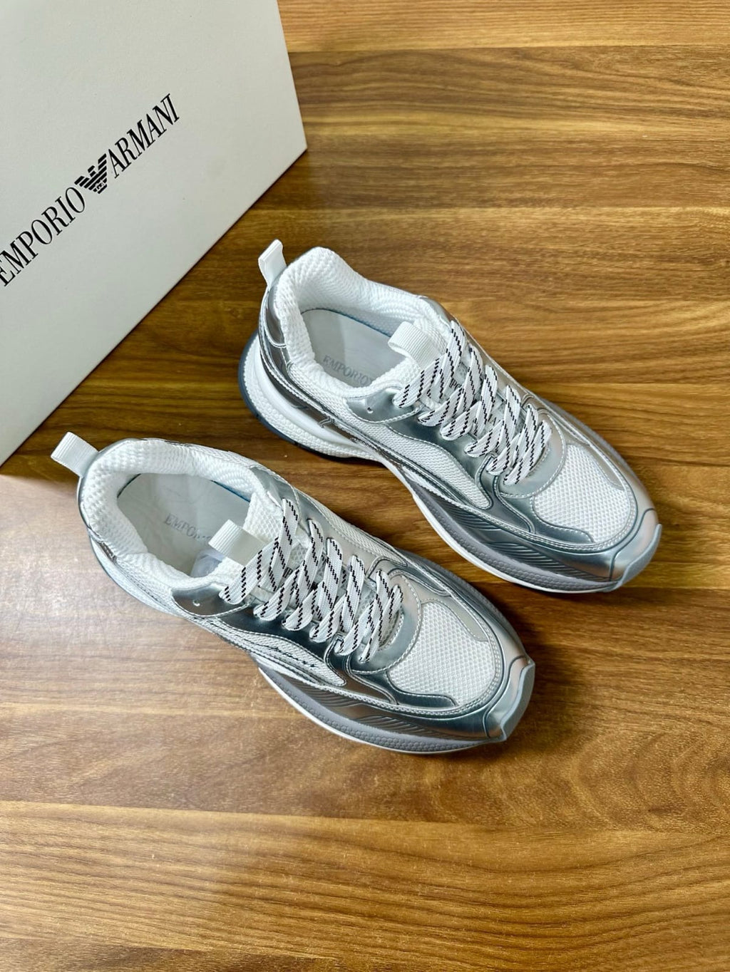 Emporio Armani - Silver Mesh & Leather Low-Top Sneakers