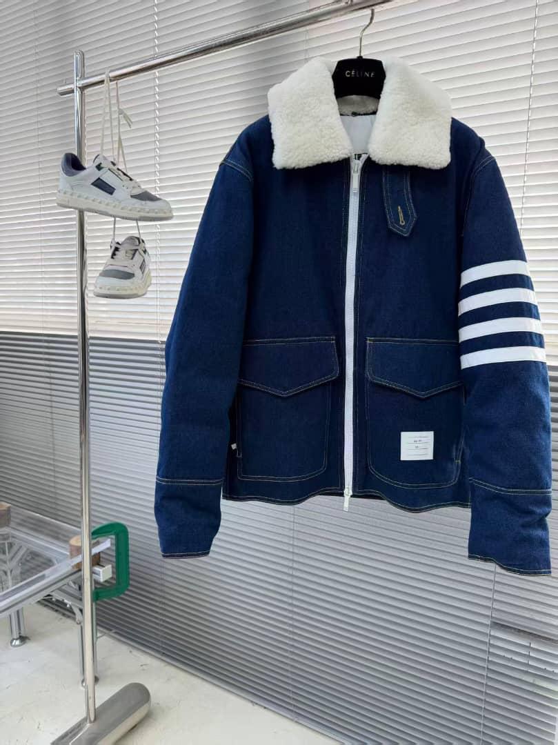 Thom Browne Indigo Denim Jacket with Shearling Collar