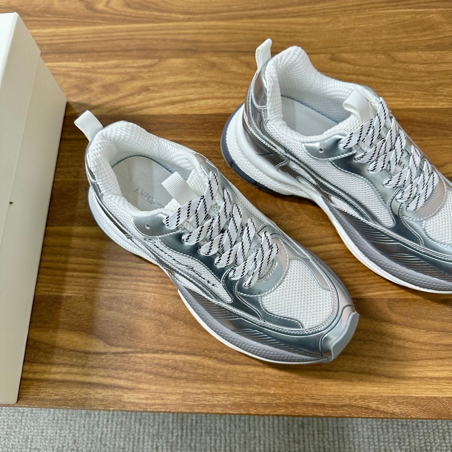 Emporio Armani - Silver Mesh & Leather Low-Top Sneakers