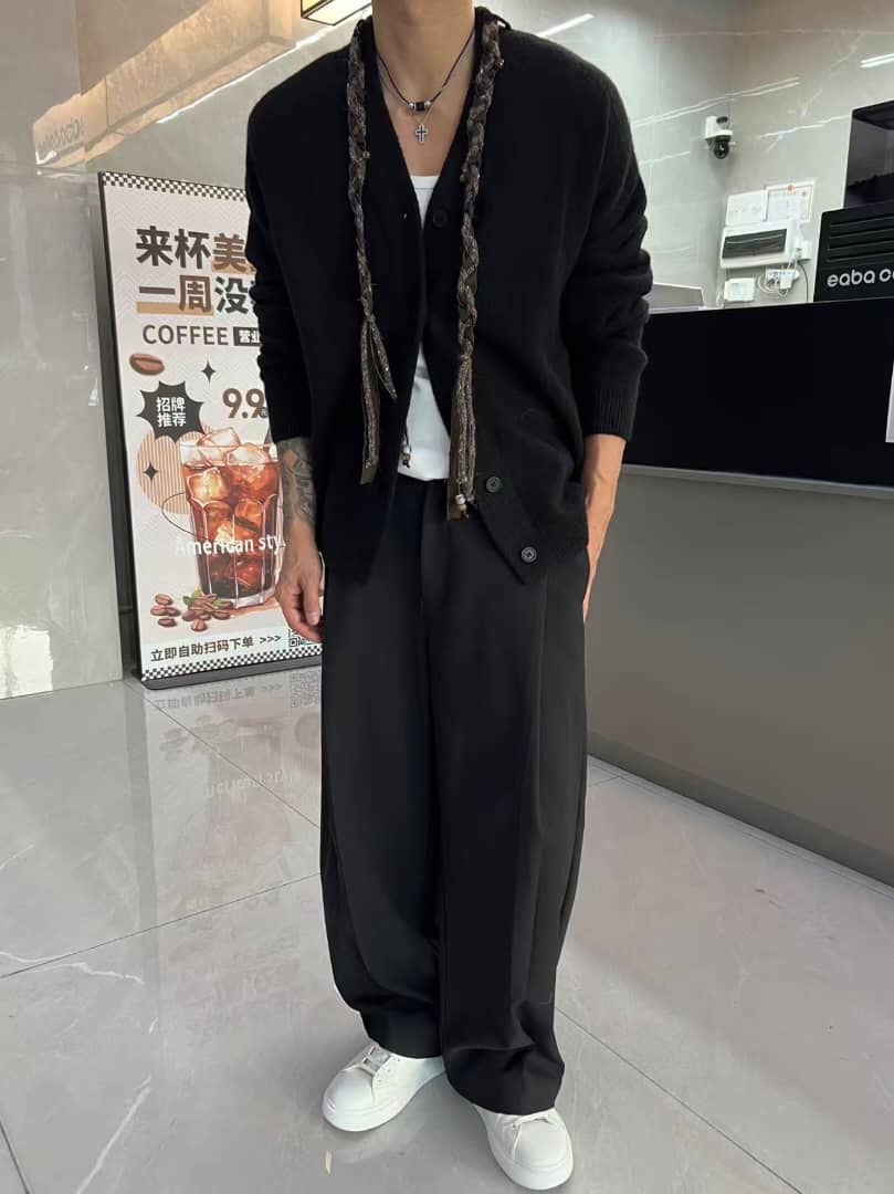 Ader Error Black V-Neck Cardigan with Unique Braided Accent
