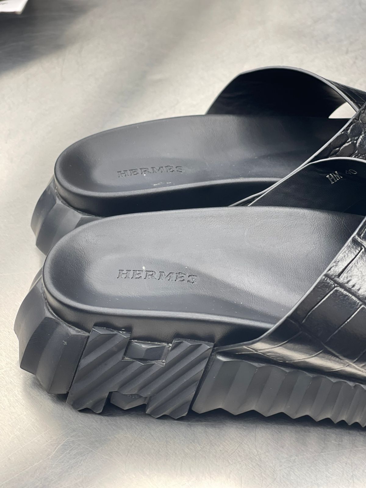 Hermès - Black Crocodile-Embossed Leather Crisscross Sandals