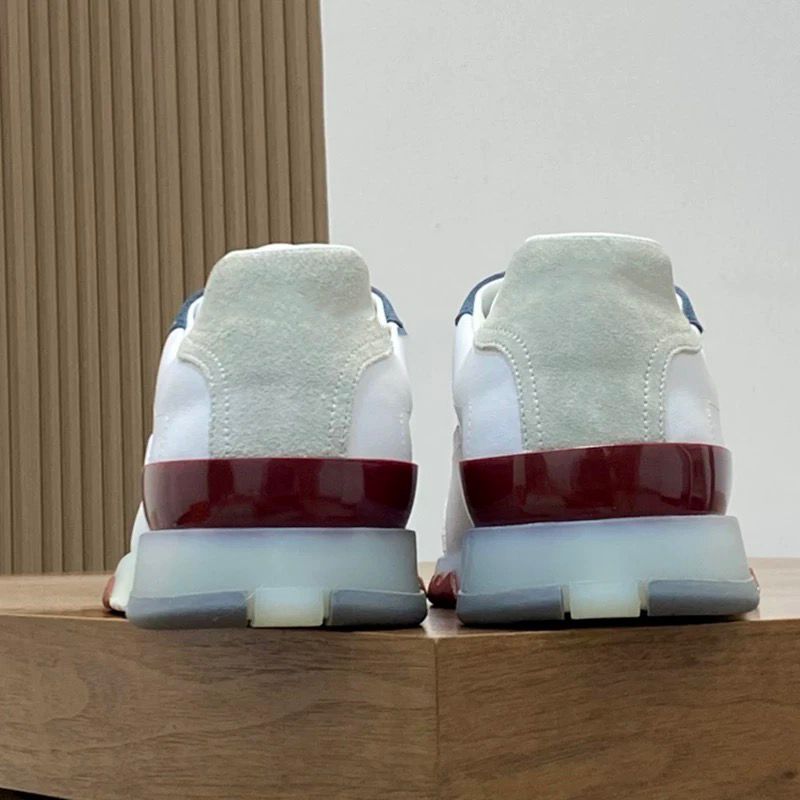 Hermes - White Leather & Suede Trainers with Blue and Burgundy Accents