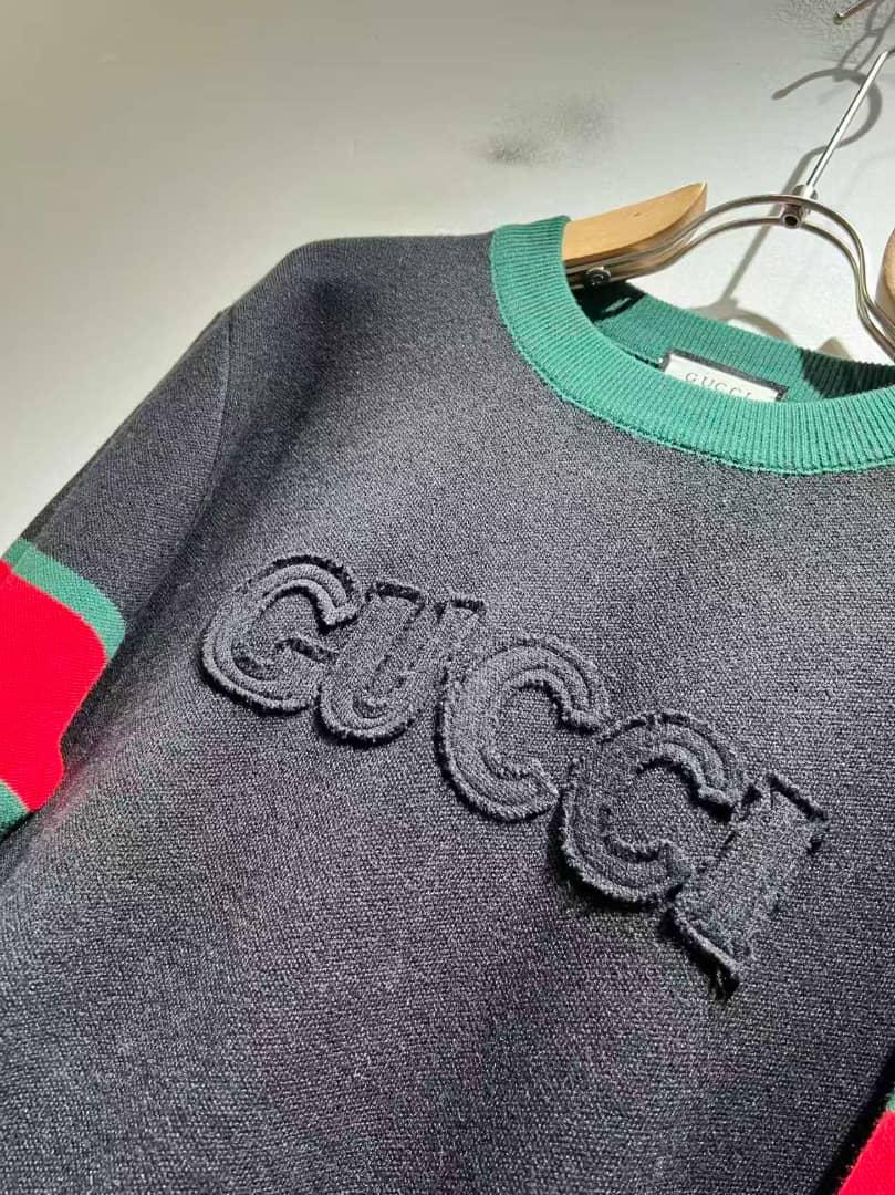Gucci-Inspired Black Knit Sweater with Green & Red Web Stripes