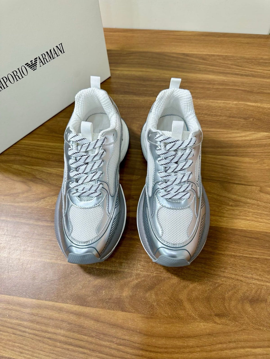 Emporio Armani - Silver Mesh & Leather Low-Top Sneakers