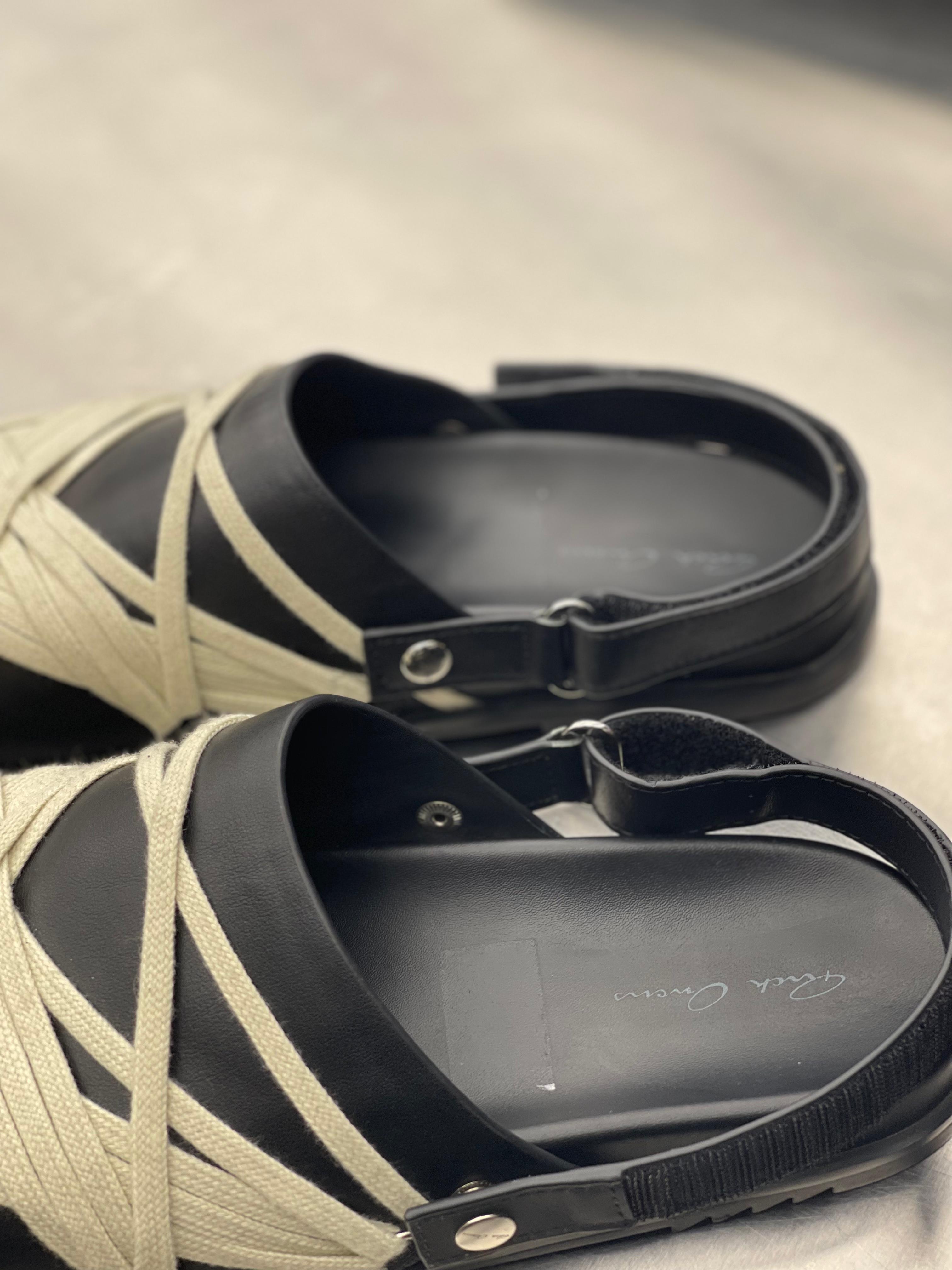 Rick Owens - Black Leather & Cream Rope Laced Sandals