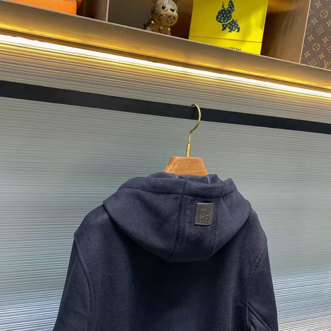 LOEWE Hooded Coat | Black Wool-Blend Anagram Jacquard