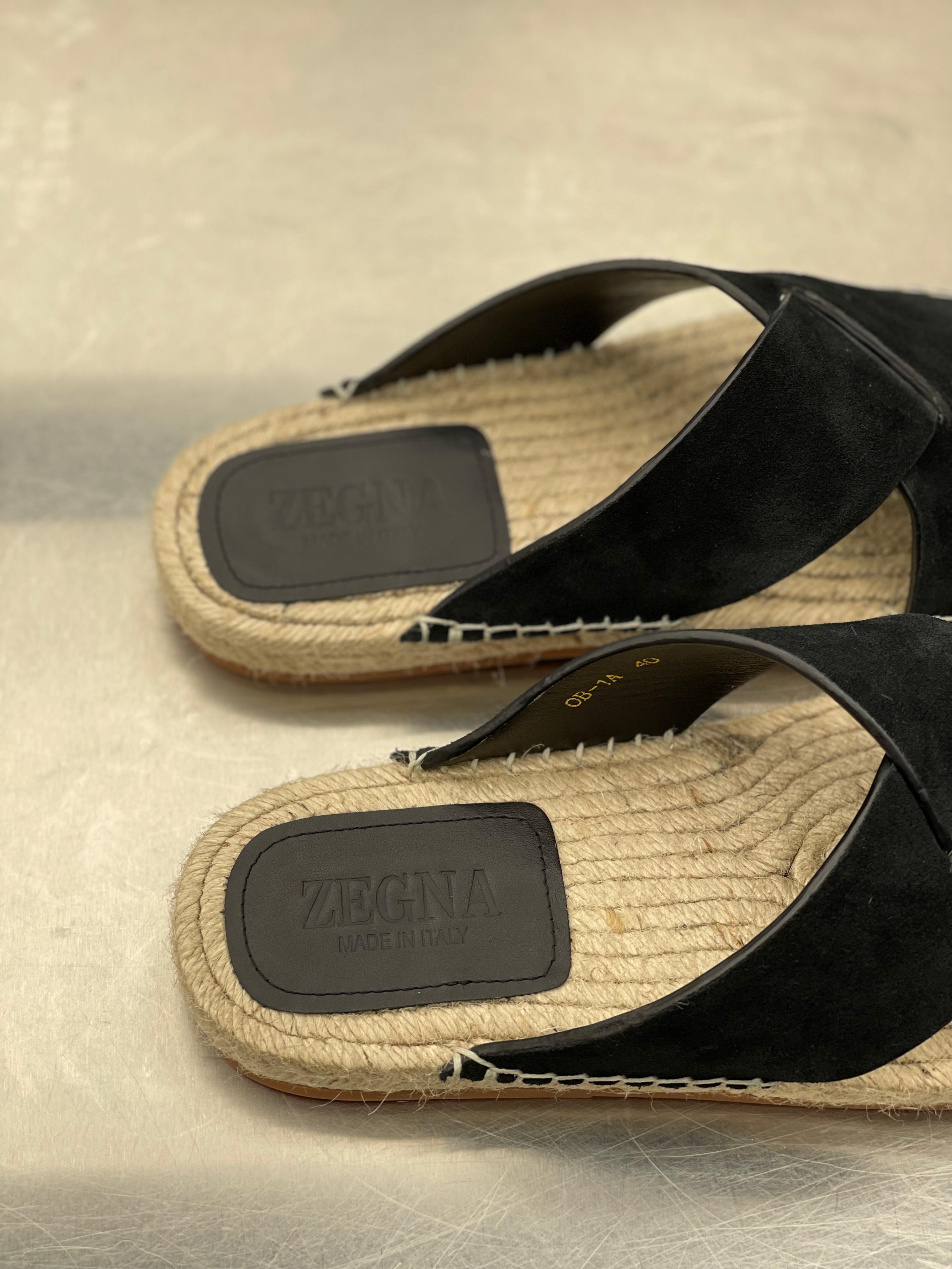 Zegna - Black Suede Criss-Cross Espadrille Slides