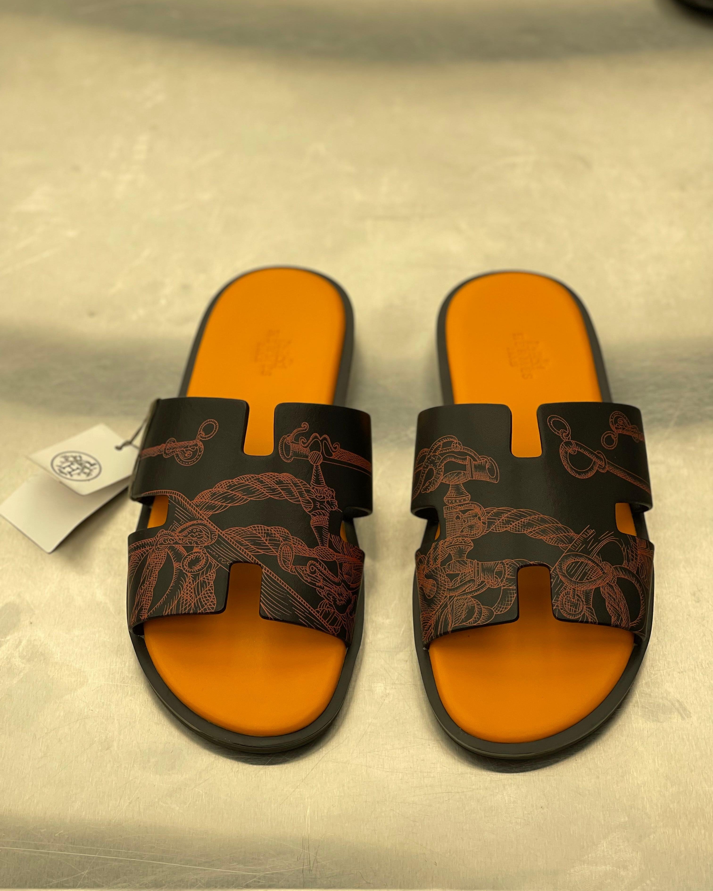 Hermes - Izmir Sandals in Black and Orange Leather