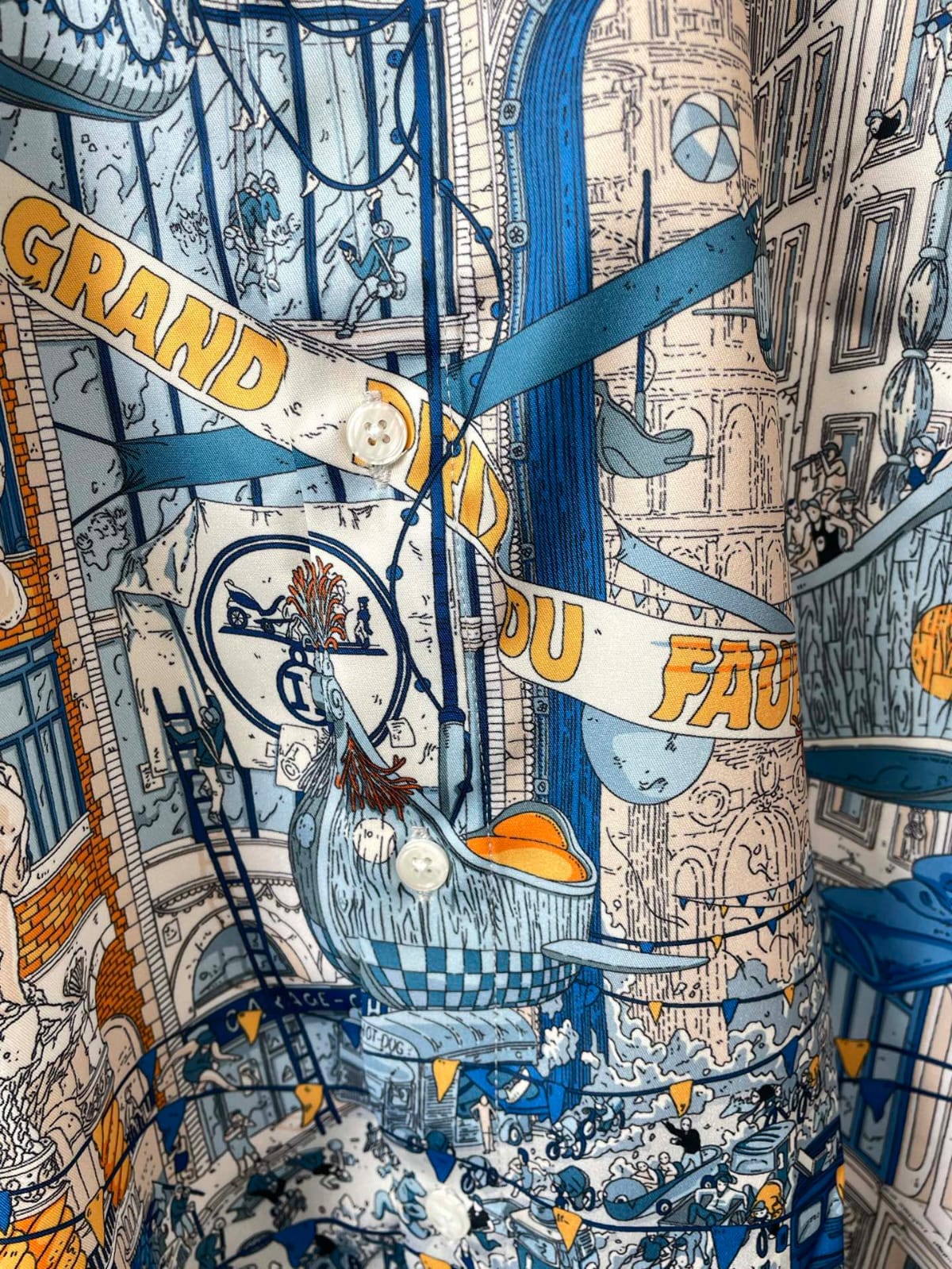 Hermès - Men's Architectural City Print Long-Sleeve Shirt - Orange & Blue