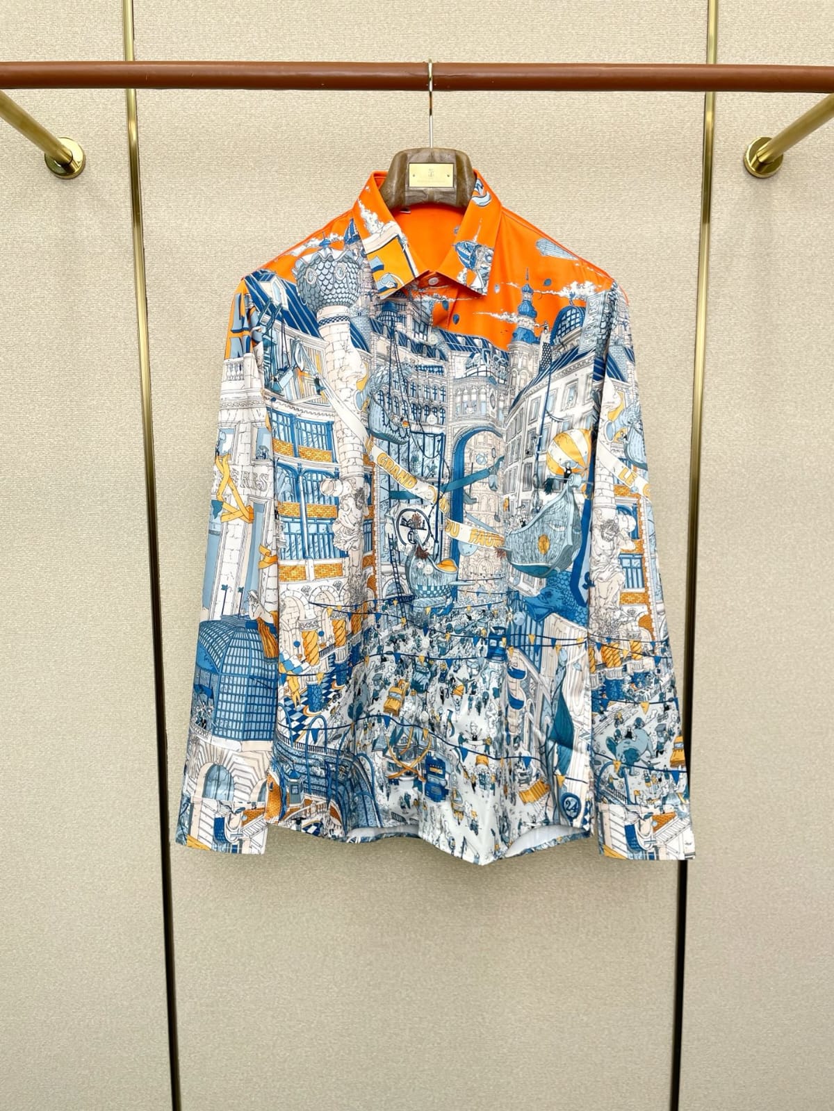 Hermès - Men's Architectural City Print Long-Sleeve Shirt - Orange & Blue