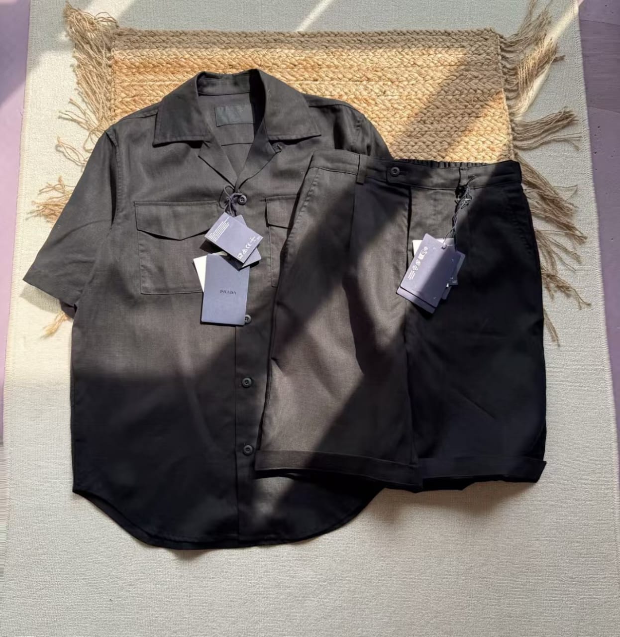 Prada Men’s Luxury 2-Piece Resort Set – Short-Sleeve Bowling Shirt & Tailored Bermuda Shorts (Black)