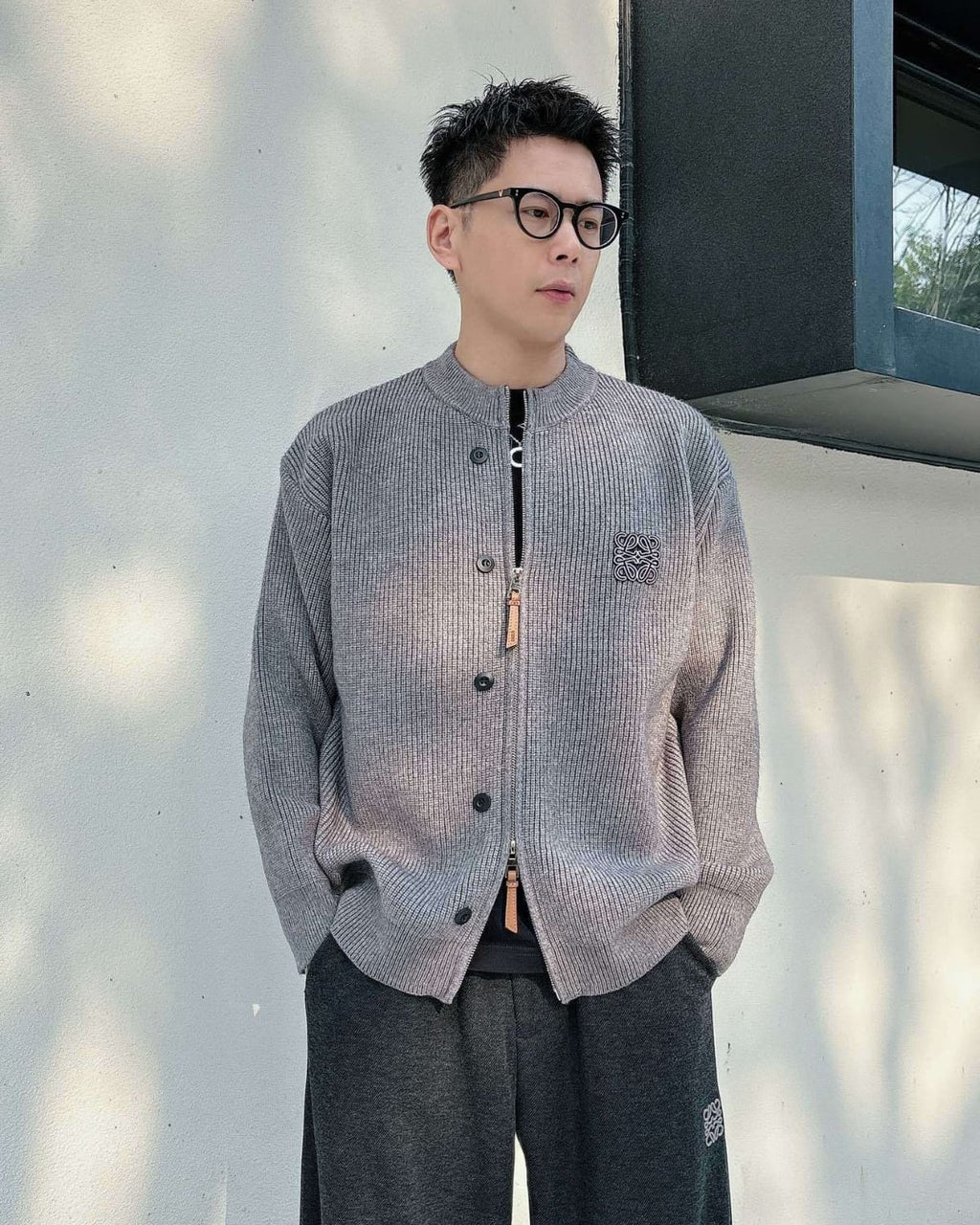 Loewe - Grey Ribbed Knit Zip-Up Cardigan