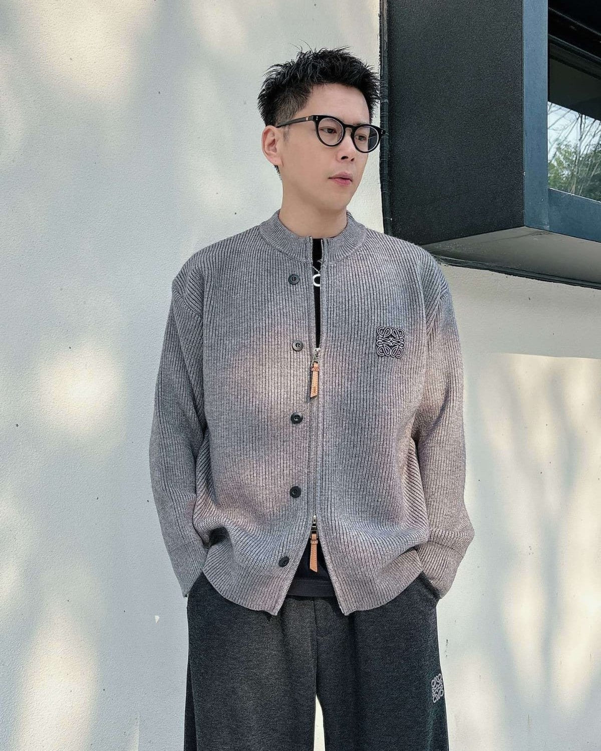 Loewe - Grey Ribbed Knit Zip-Up Cardigan
