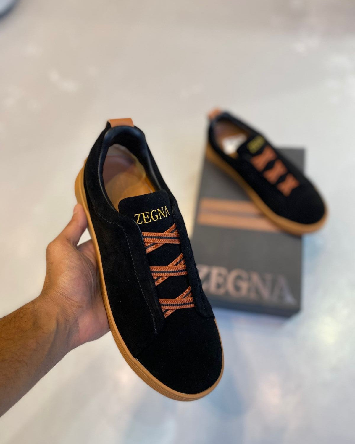 Zegna - Suede Slip-On Black Sneakers with Tan Sole