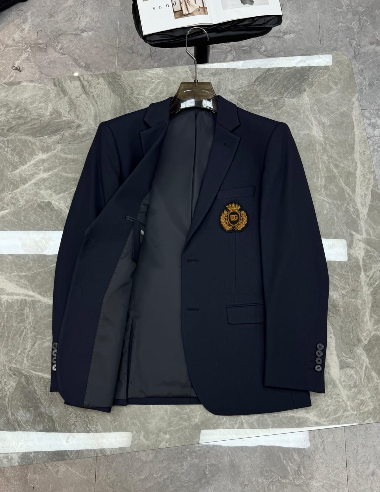 Dolce & Gabbana - Navy Tailored Suit with Gold Embroidered Crest