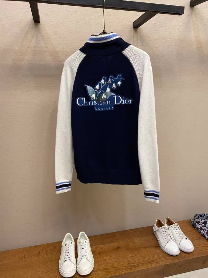 Christian Dior - Navy & White Contrast-Sleeve Knitted Zip Hoodie