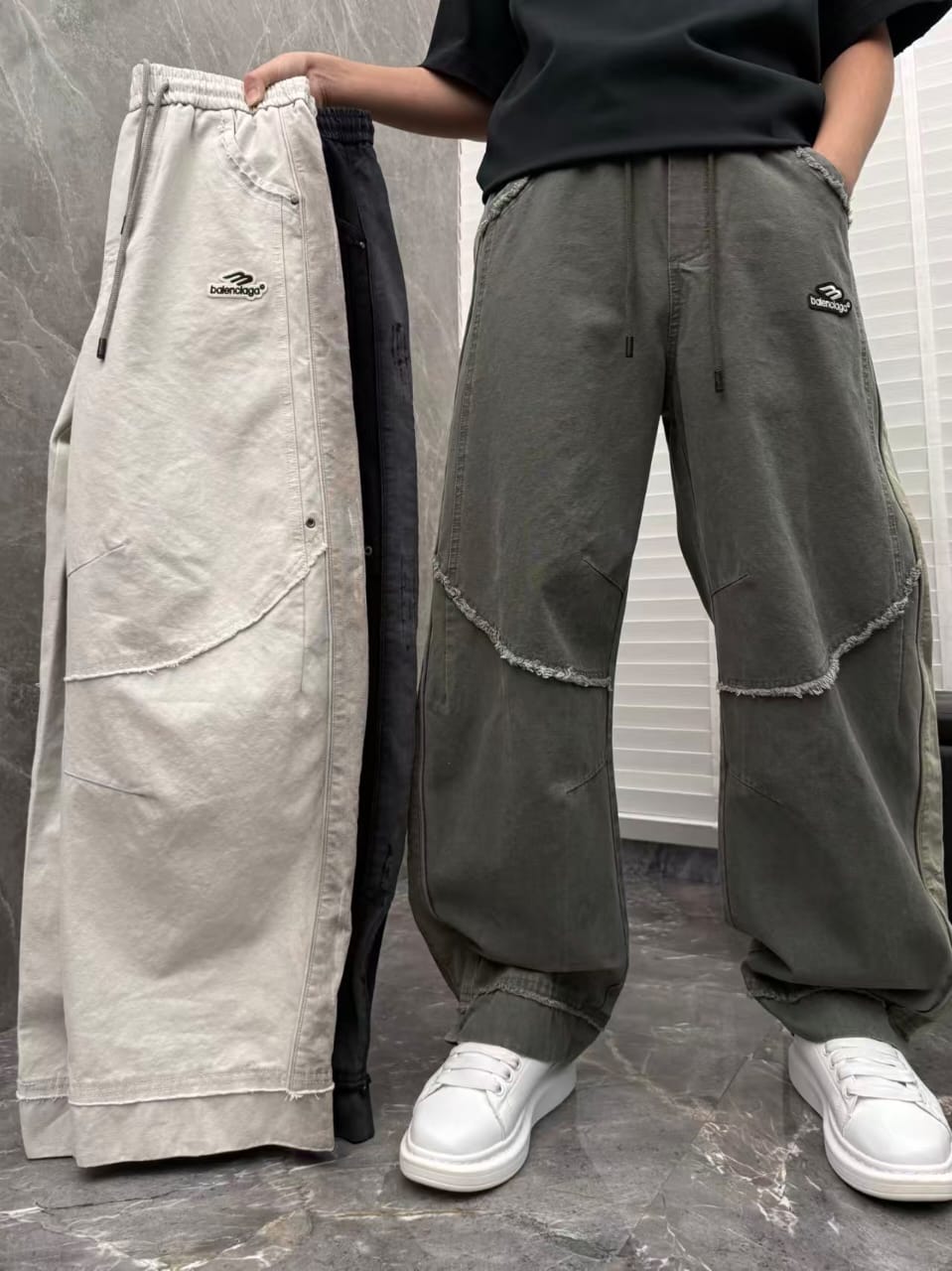 Balenciaga - Distressed Raw Hem Wide-Leg Joggers - Dark Grey Wash
