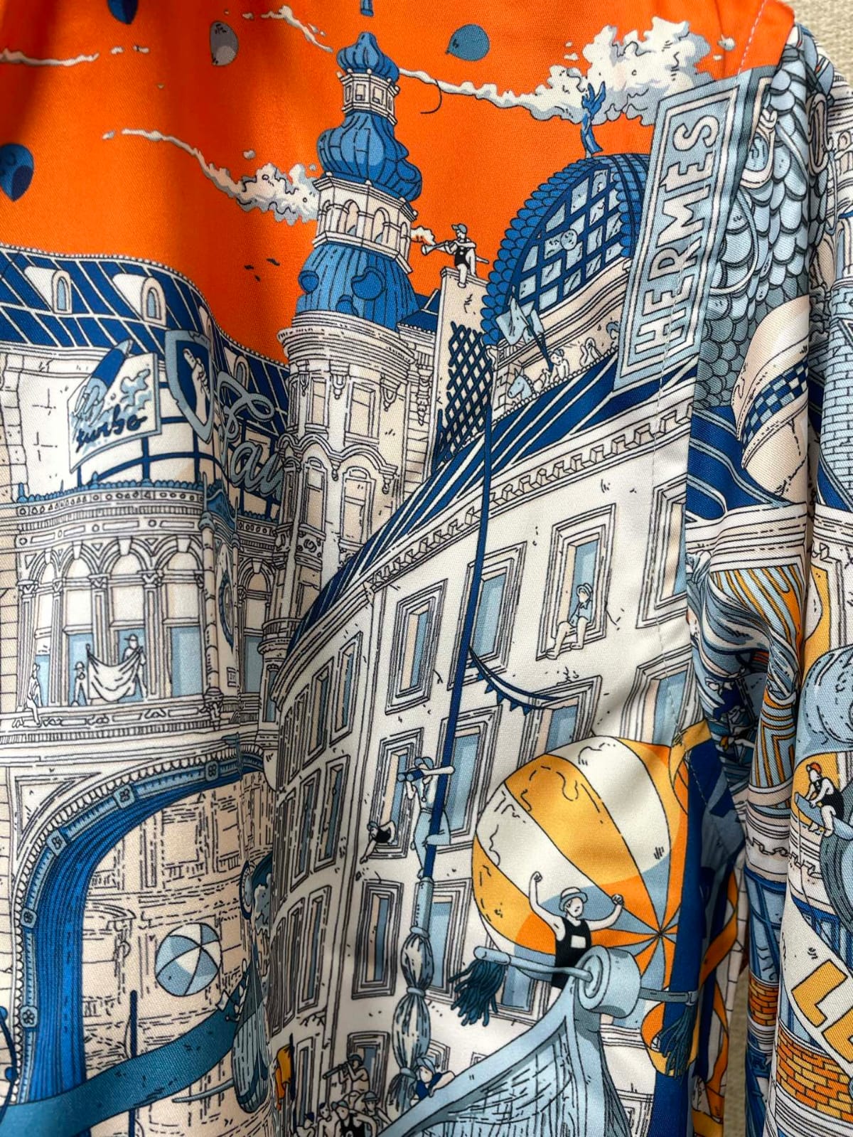 Hermès - Men's Architectural City Print Long-Sleeve Shirt - Orange & Blue